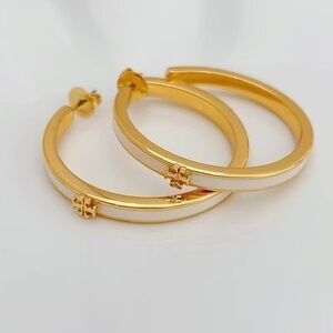 Tory Burch Gold and White Enamel Hoop Earrings